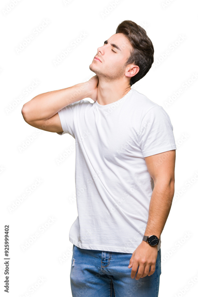 Young handsome man wearing white t-shirt over isolated background Suffering of neck ache injury, touching neck with hand, muscular pain Young handsome man wearing white t-shirt over isolated background Suffering of neck ache injury, touching neck with hand, muscular pain