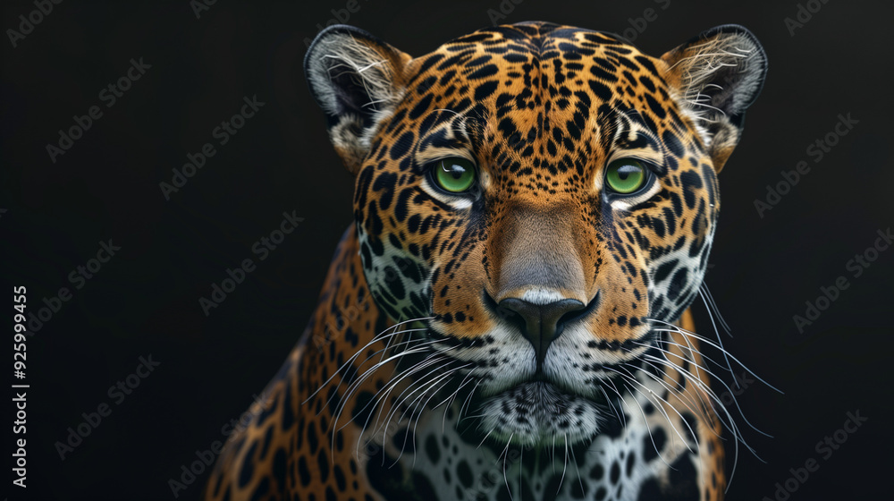 Obraz premium A hyperrealistic portrait of a jaguar with an intense green gaze, contrasting with a dark background. The details of the fur, spots, and whiskers are highlighted by the high-quality image