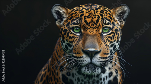 A hyperrealistic portrait of a jaguar with an intense green gaze, contrasting with a dark background. The details of the fur, spots, and whiskers are highlighted by the high-quality image