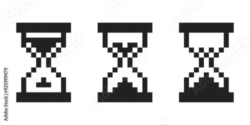 Pixel sandglass y2k retro 8 bit loading game, progress level, status. Pixel Process indicator.Hourglass, clock or timer.Countdown progress.