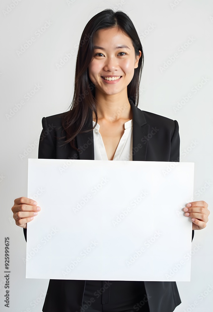 Professional Woman Holding Blank Sign in Business Attire for Customizable Corporate Message or Branding Professional Woman Holding Blank Sign in Business Attire for Customizable Corporate Message or Branding