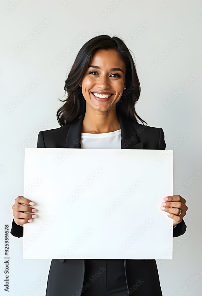Naklejka premium Professional Woman Holding Blank Sign in Business Attire for Customizable Corporate Message or Branding