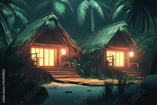 Two tropical bungalows are illuminating a sandy beach at night