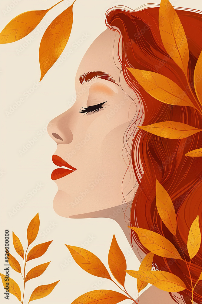 Beautiful woman with red hair surrounded by autumn leaves illustration Beautiful woman with red hair surrounded by autumn leaves illustration