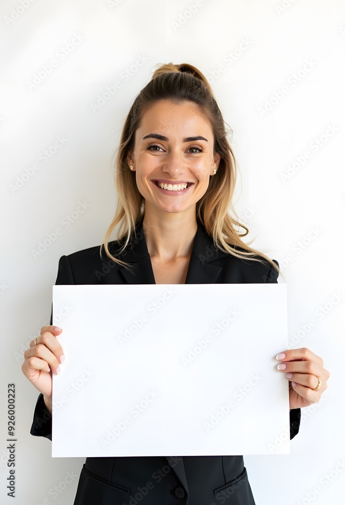 Professional Woman Holding Blank Sign in Business Attire for Customizable Corporate Message or Branding Professional Woman Holding Blank Sign in Business Attire for Customizable Corporate Message or Branding