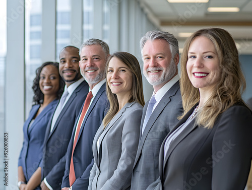 "A Group of Business People Standing in Line Smiling"