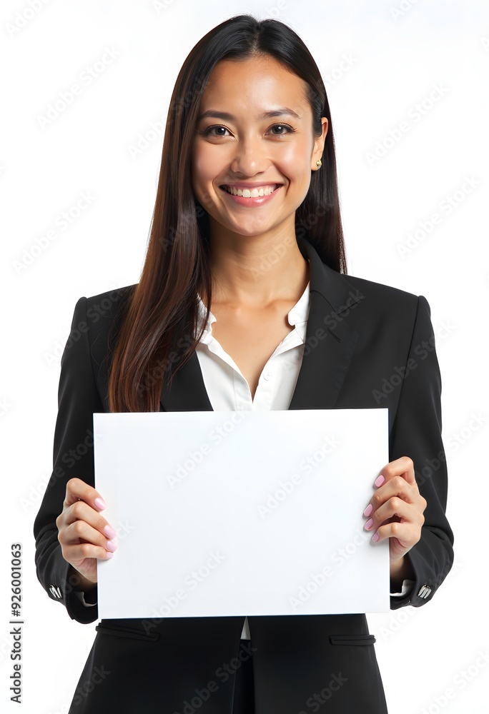 Professional Woman Holding Blank Sign in Business Attire for Customizable Corporate Message or Branding Professional Woman Holding Blank Sign in Business Attire for Customizable Corporate Message or Branding
