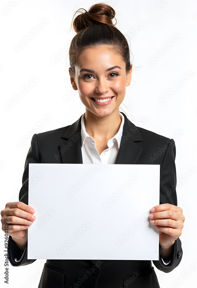Professional Woman Holding Blank Sign in Business Attire for Customizable Corporate Message or Branding Professional Woman Holding Blank Sign in Business Attire for Customizable Corporate Message or Branding