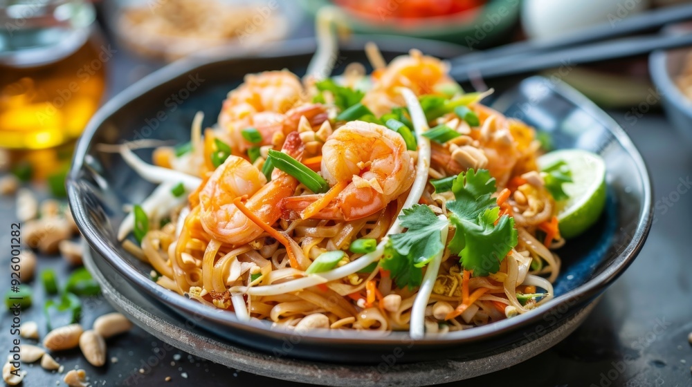 Delicious Authentic Pad Thai with Shrimp on Dark Tabletop Delicious Authentic Pad Thai with Shrimp on Dark Tabletop