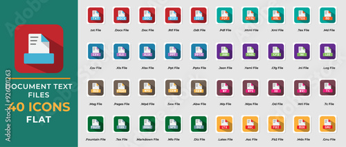 Document text file flat icon set. txt, ppt, pdf, doc, csv, files format icons. vector illustration