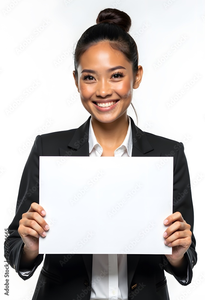 Professional Woman Holding Blank Sign in Business Attire for Customizable Corporate Message or Branding Professional Woman Holding Blank Sign in Business Attire for Customizable Corporate Message or Branding