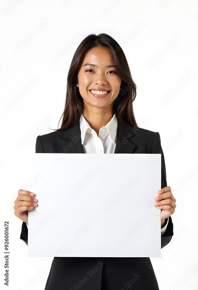 Professional Woman Holding Blank Sign in Business Attire for Customizable Corporate Message or Branding Professional Woman Holding Blank Sign in Business Attire for Customizable Corporate Message or Branding