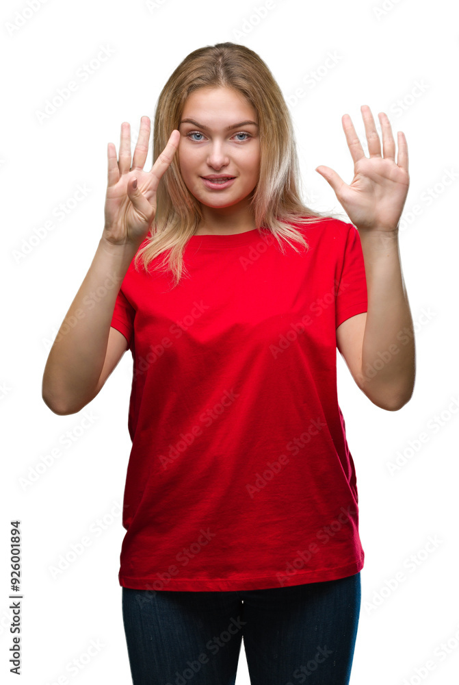 Young caucasian woman over isolated background showing and pointing up with fingers number nine while smiling confident and happy. Young caucasian woman over isolated background showing and pointing up with fingers number nine while smiling confident and happy.