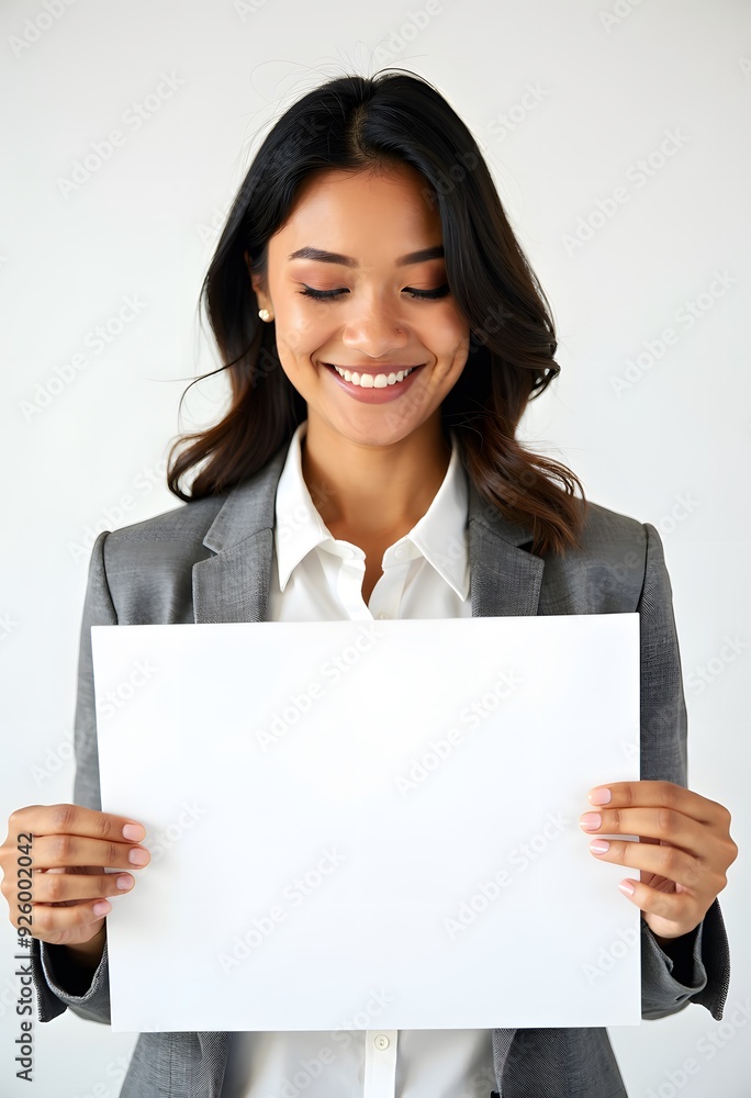 Professional Woman Holding Blank Sign in Business Attire for Customizable Corporate Message or Branding Professional Woman Holding Blank Sign in Business Attire for Customizable Corporate Message or Branding