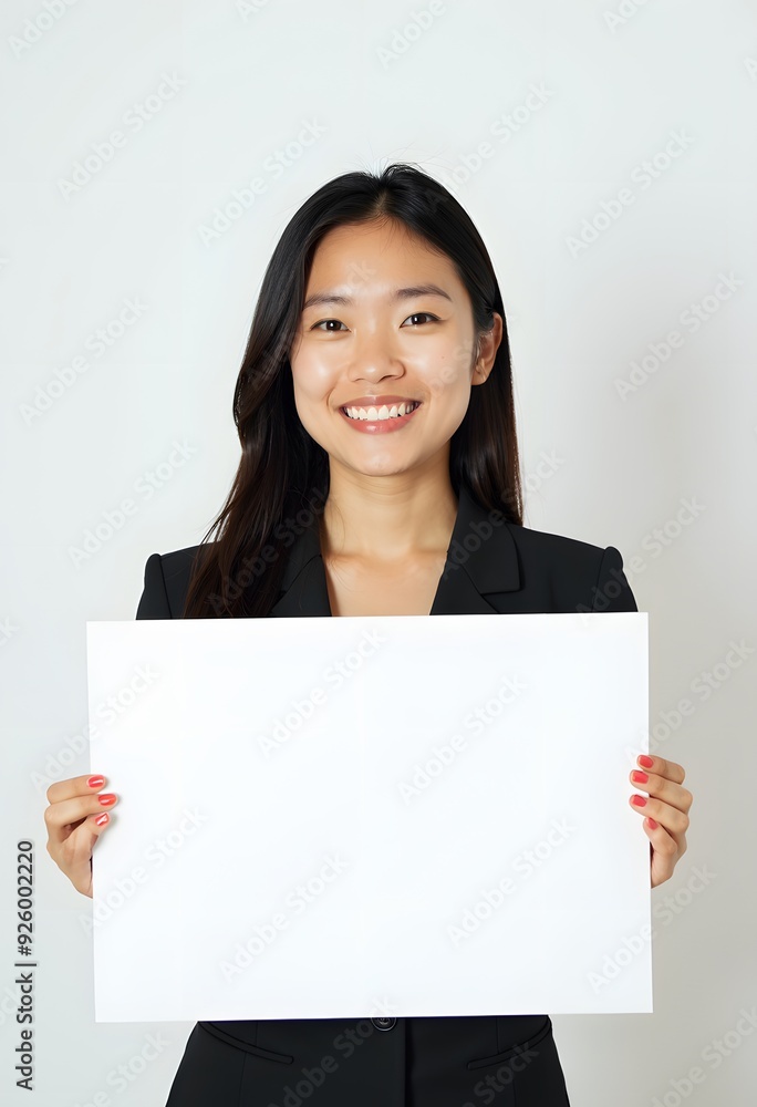 Professional Woman Holding Blank Sign in Business Attire for Customizable Corporate Message or Branding Professional Woman Holding Blank Sign in Business Attire for Customizable Corporate Message or Branding