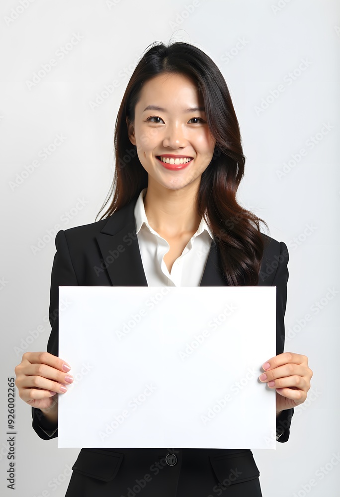 Professional Woman Holding Blank Sign in Business Attire for Customizable Corporate Message or Branding Professional Woman Holding Blank Sign in Business Attire for Customizable Corporate Message or Branding