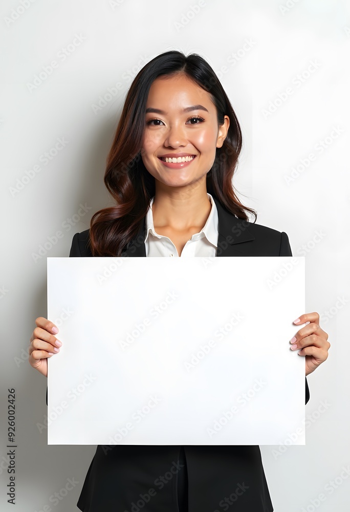 Professional Woman Holding Blank Sign in Business Attire for Customizable Corporate Message or Branding Professional Woman Holding Blank Sign in Business Attire for Customizable Corporate Message or Branding