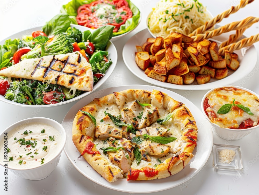 A colorful spread of various delicious dishes including pizza, salad, and pasta. A colorful spread of various delicious dishes including pizza, salad, and pasta.