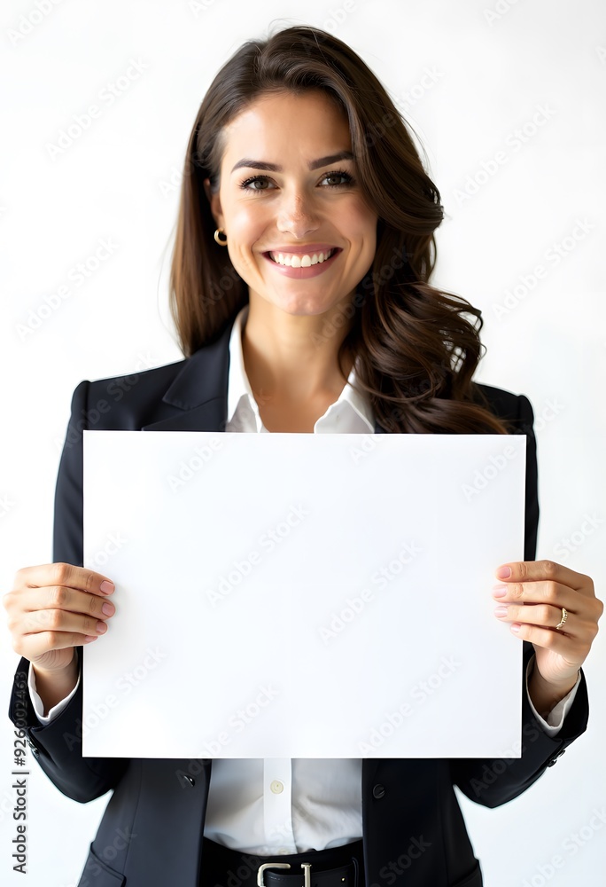 Professional Woman Holding Blank Sign in Business Attire for Customizable Corporate Message or Branding Professional Woman Holding Blank Sign in Business Attire for Customizable Corporate Message or Branding