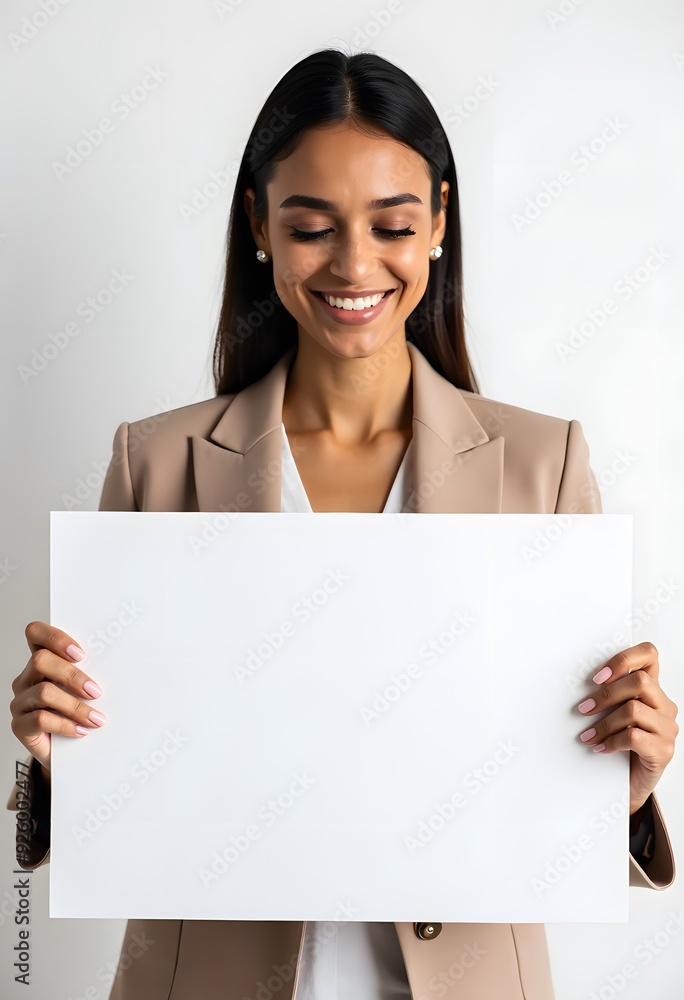 Professional Woman Holding Blank Sign in Business Attire for Customizable Corporate Message or Branding