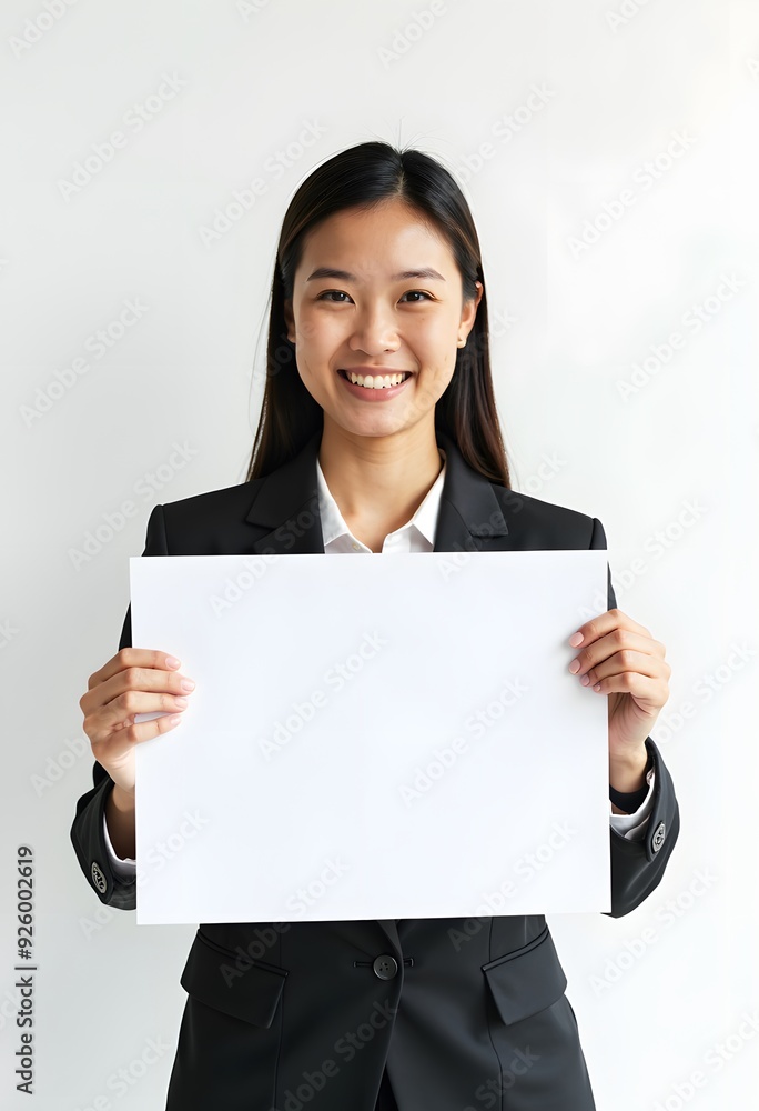 Professional Woman Holding Blank Sign in Business Attire for Customizable Corporate Message or Branding Professional Woman Holding Blank Sign in Business Attire for Customizable Corporate Message or Branding