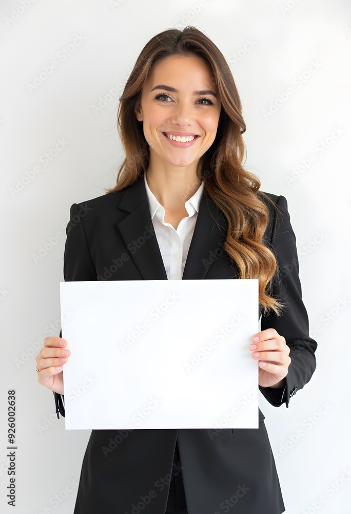 Professional Woman Holding Blank Sign in Business Attire for Customizable Corporate Message or Branding Professional Woman Holding Blank Sign in Business Attire for Customizable Corporate Message or Branding