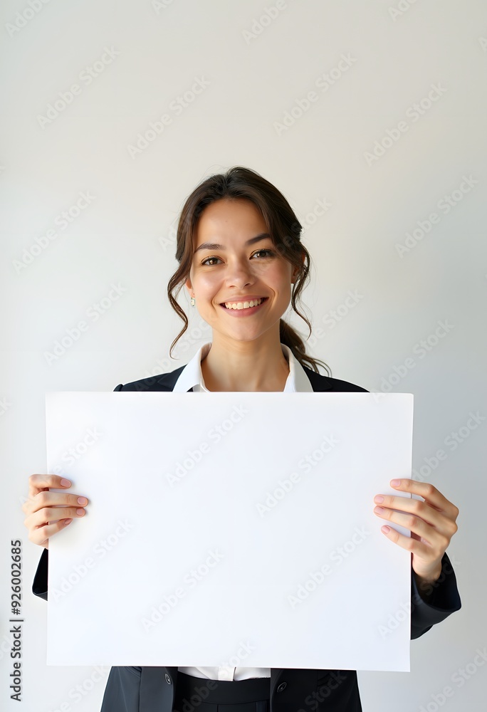 Professional Woman Holding Blank Sign in Business Attire for Customizable Corporate Message or Branding Professional Woman Holding Blank Sign in Business Attire for Customizable Corporate Message or Branding