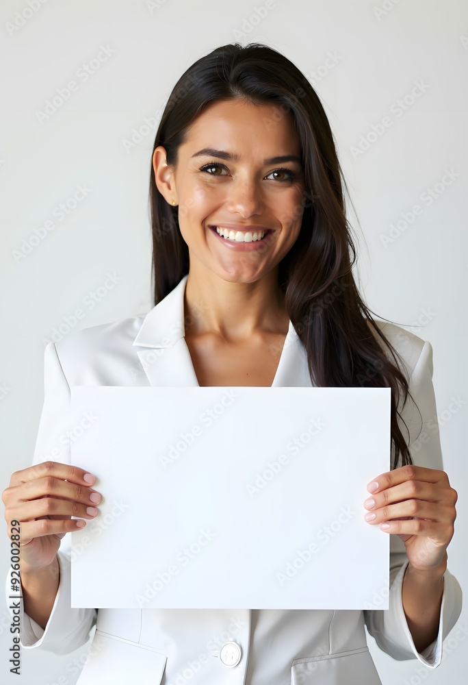 Professional Woman Holding Blank Sign in Business Attire for Customizable Corporate Message or Branding Professional Woman Holding Blank Sign in Business Attire for Customizable Corporate Message or Branding
