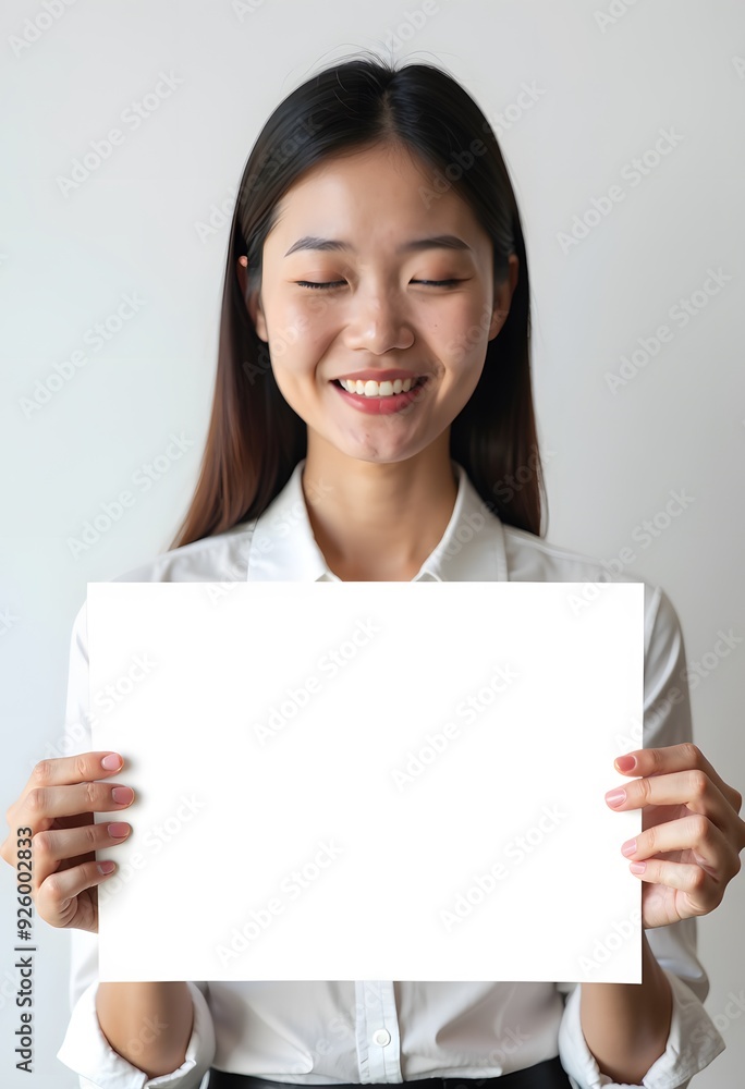 Professional Woman Holding Blank Sign in Business Attire for Customizable Corporate Message or Branding Professional Woman Holding Blank Sign in Business Attire for Customizable Corporate Message or Branding