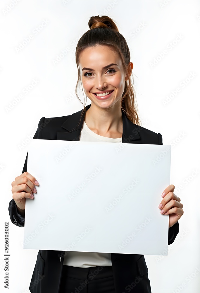 Professional Woman Holding Blank Sign in Business Attire for Customizable Corporate Message or Branding Professional Woman Holding Blank Sign in Business Attire for Customizable Corporate Message or Branding