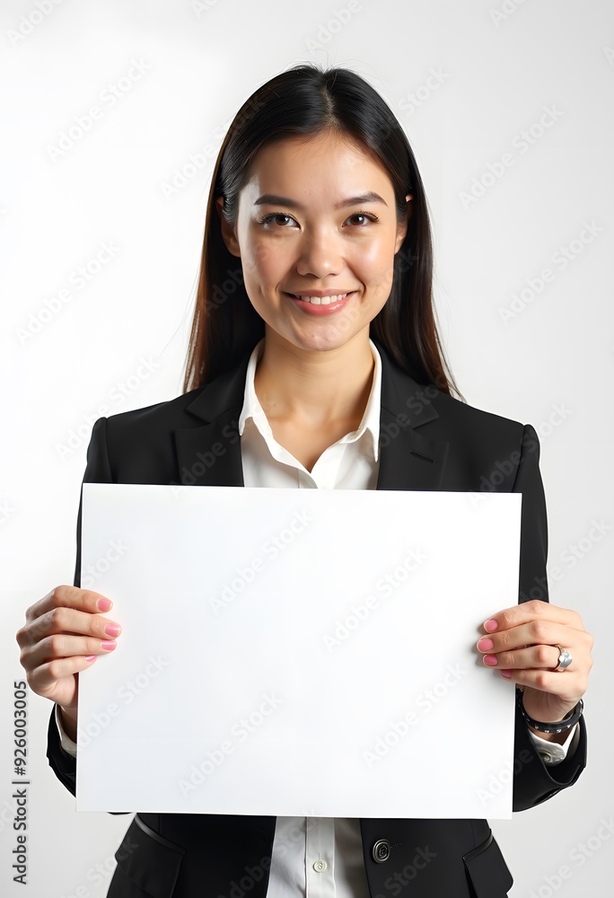 Professional Woman Holding Blank Sign in Business Attire for Customizable Corporate Message or Branding Professional Woman Holding Blank Sign in Business Attire for Customizable Corporate Message or Branding
