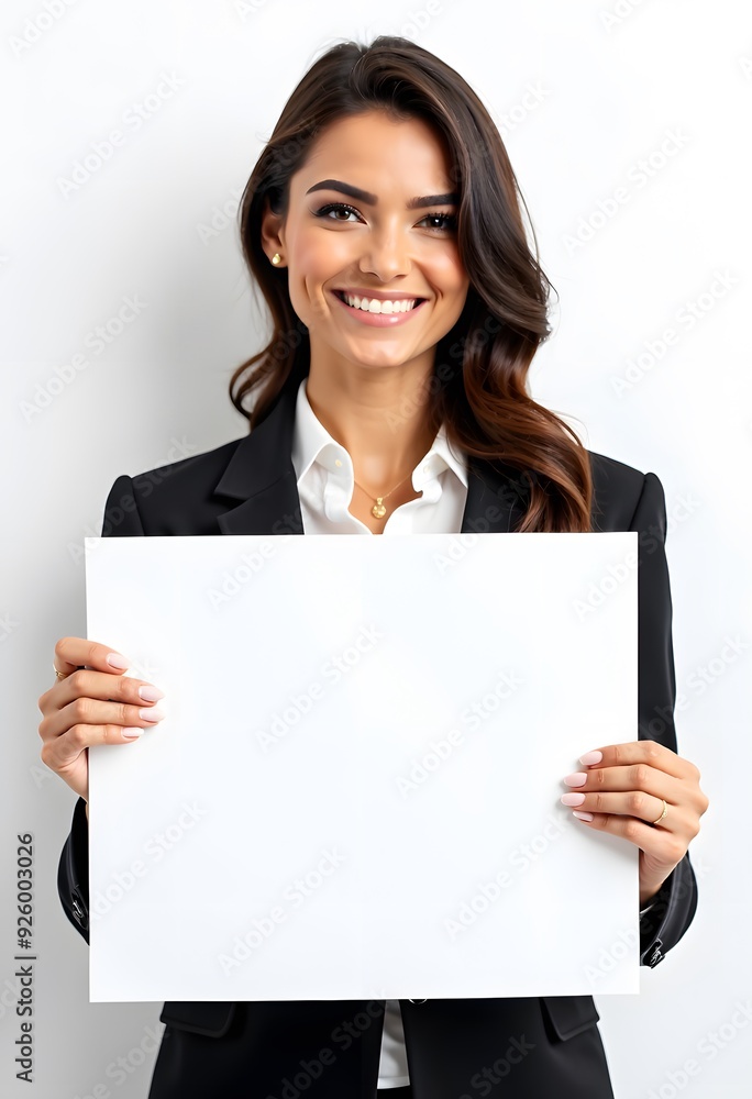 Professional Woman Holding Blank Sign in Business Attire for Customizable Corporate Message or Branding Professional Woman Holding Blank Sign in Business Attire for Customizable Corporate Message or Branding