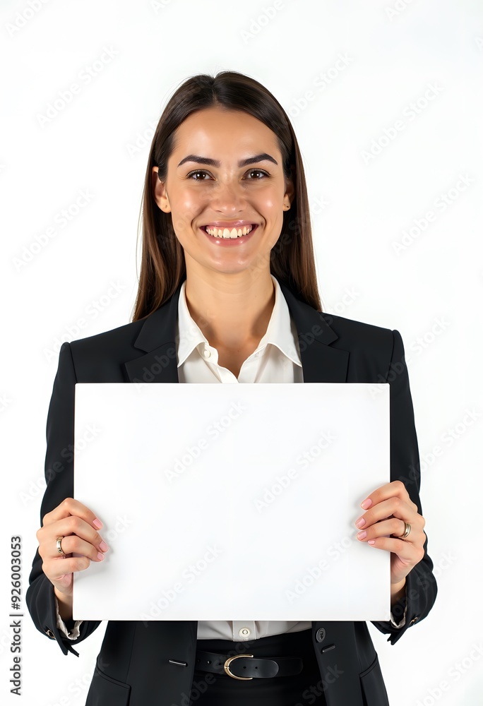 Professional Woman Holding Blank Sign in Business Attire for Customizable Corporate Message or Branding Professional Woman Holding Blank Sign in Business Attire for Customizable Corporate Message or Branding