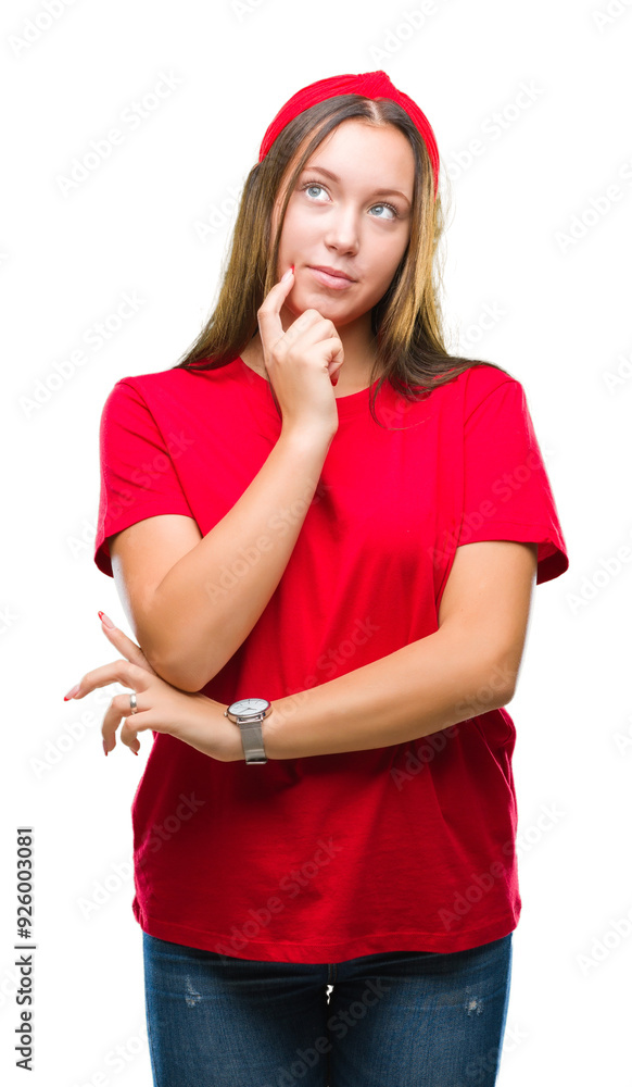 Young caucasian beautiful woman over isolated background with hand on chin thinking about question, pensive expression. Smiling with thoughtful face. Doubt concept. Young caucasian beautiful woman over isolated background with hand on chin thinking about question, pensive expression. Smiling with thoughtful face. Doubt concept.
