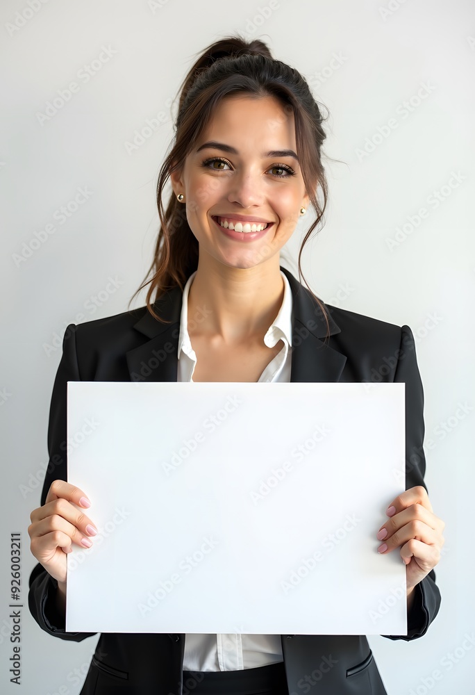Professional Woman Holding Blank Sign in Business Attire for Customizable Corporate Message or Branding Professional Woman Holding Blank Sign in Business Attire for Customizable Corporate Message or Branding