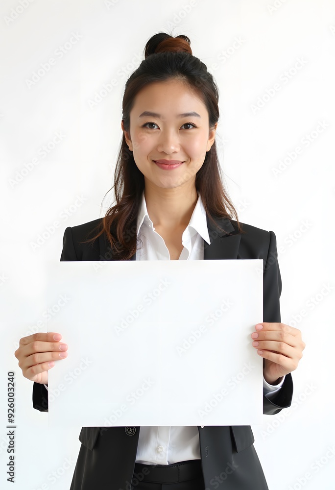 Professional Woman Holding Blank Sign in Business Attire for Customizable Corporate Message or Branding Professional Woman Holding Blank Sign in Business Attire for Customizable Corporate Message or Branding