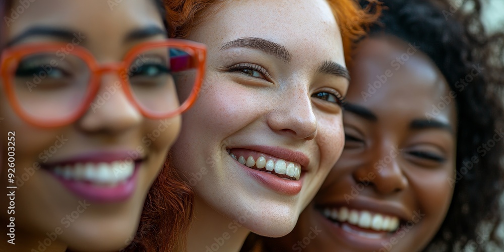 Fototapeta premium Macro shot of a diverse group of friends from different ethnic backgrounds enjoying a moment together, illustrating the richness of multicultural portraits