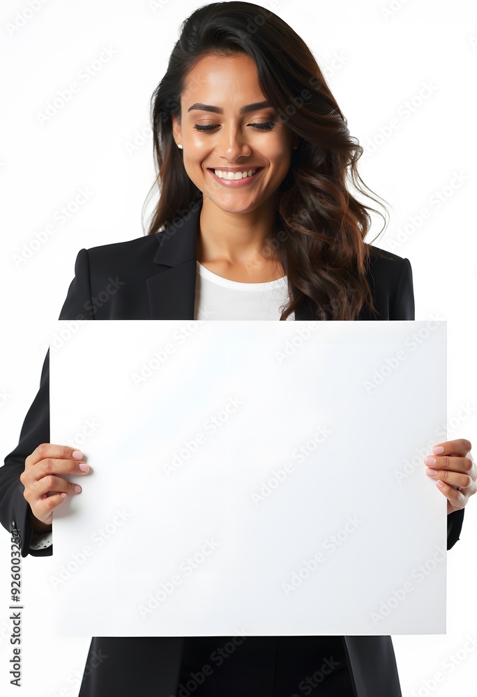 Professional Woman Holding Blank Sign in Business Attire for Customizable Corporate Message or Branding Professional Woman Holding Blank Sign in Business Attire for Customizable Corporate Message or Branding