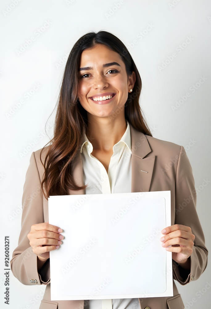 Professional Woman Holding Blank Sign in Business Attire for Customizable Corporate Message or Branding Professional Woman Holding Blank Sign in Business Attire for Customizable Corporate Message or Branding