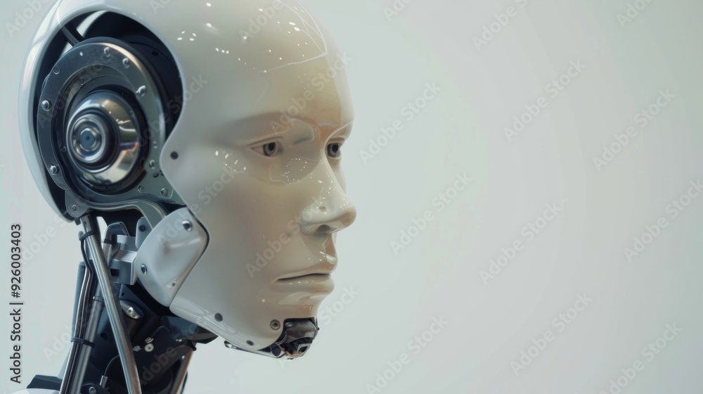 A detailed side profile of a futuristic humanoid robot, featuring glowing components and sleek design, highlighting advanced robotics and AI technology With copy space for text. A detailed side profile of a futuristic humanoid robot, featuring glowing components and sleek design, highlighting advanced robotics and AI technology With copy space for text.