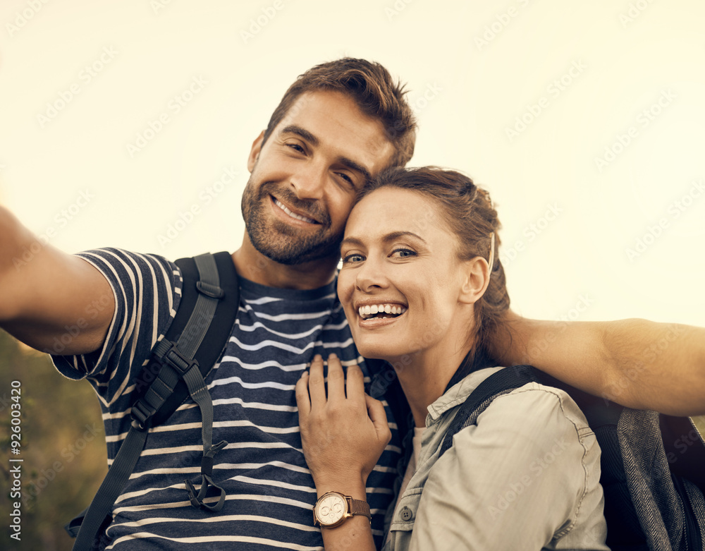 Couple, portrait and selfie in trip, hiking and happy in forest for adventure, smile and travel for bonding. Outdoor, backpack and profile picture for influencer, man or embrace with woman in holiday Couple, portrait and selfie in trip, hiking and happy in forest for adventure, smile and travel for bonding. Outdoor, backpack and profile picture for influencer, man or embrace with woman in holiday