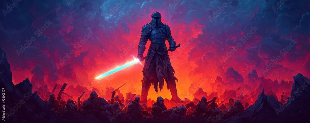 Fototapeta premium A digital warrior with a glowing sword standing over a defeated army of game characters, representing the power of victory and domination in digital warfare