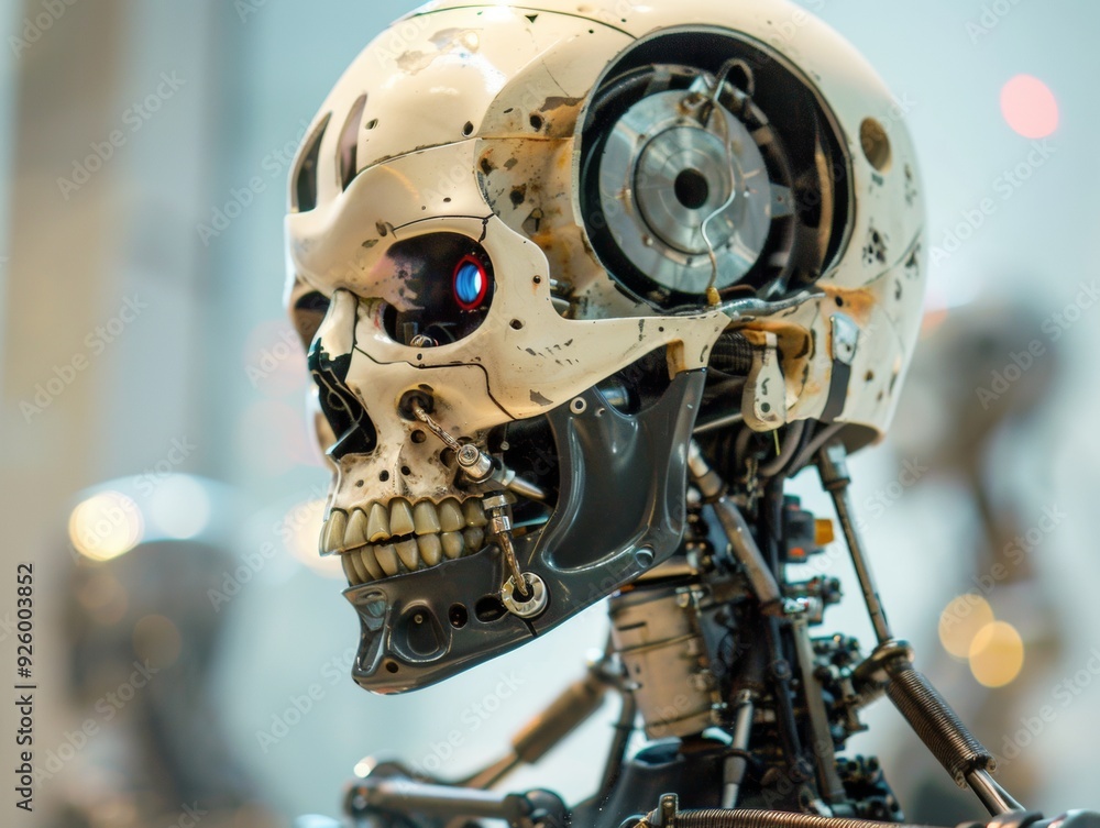 Close-up of a cyborg skull, showcasing exposed mechanical components and futuristic design, symbolizing AI and advanced robotics Close-up of a cyborg skull, showcasing exposed mechanical components and futuristic design, symbolizing AI and advanced robotics