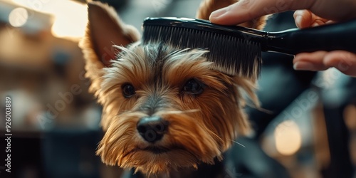 Close-up of a groomer brushing a dogG??s fur, highlighting the care and attention given to pet hygiene and grooming photo