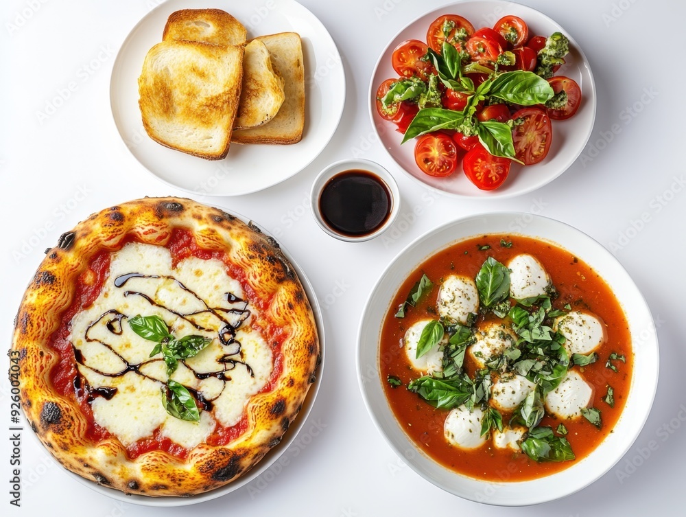 A delicious Italian meal featuring pizza, salad, toast, and soup. A delicious Italian meal featuring pizza, salad, toast, and soup.