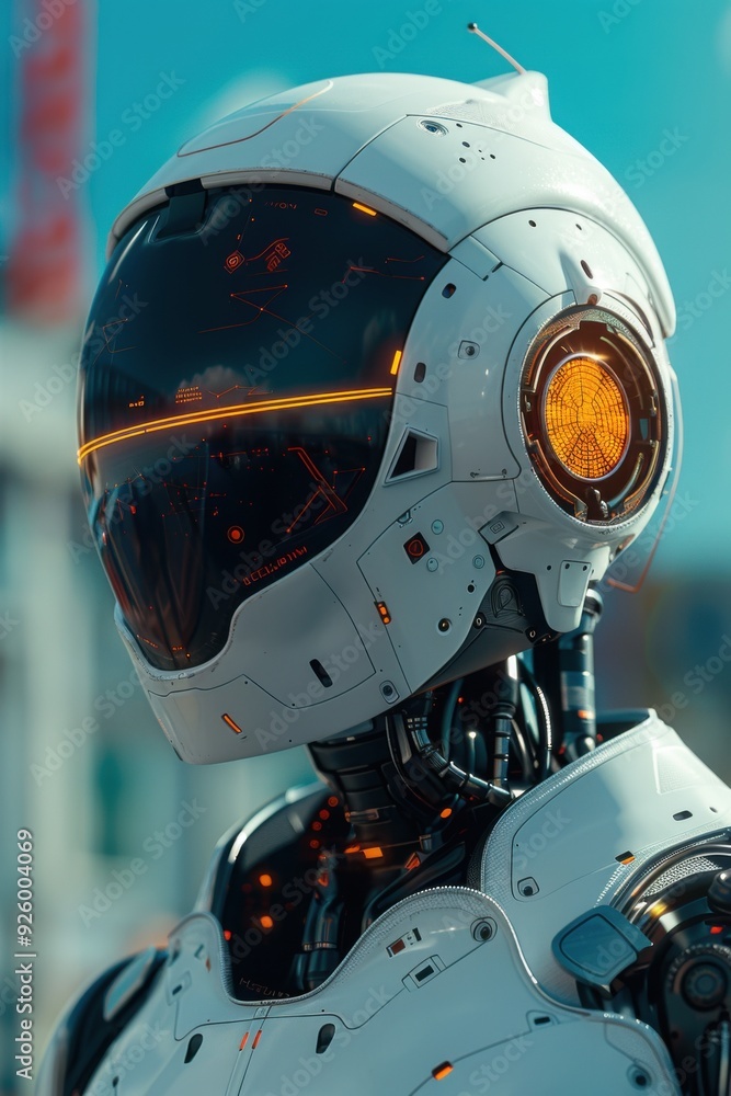 Close-up of a futuristic white robot with an illuminated visor, showcasing advanced technology against a blurred urban background. Close-up of a futuristic white robot with an illuminated visor, showcasing advanced technology against a blurred urban background.