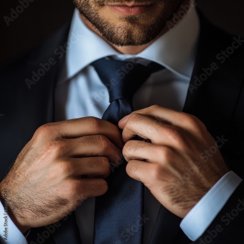 Close-up of a man adjusting his tie, AI generated Image