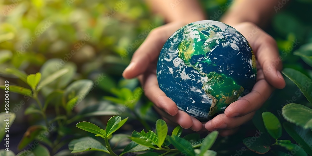Earth Globe in Caring Hands Amid Green Foliage Symbolizing Environmental Preservation and Responsible Stewardship Earth Globe in Caring Hands Amid Green Foliage Symbolizing Environmental Preservation and Responsible Stewardship