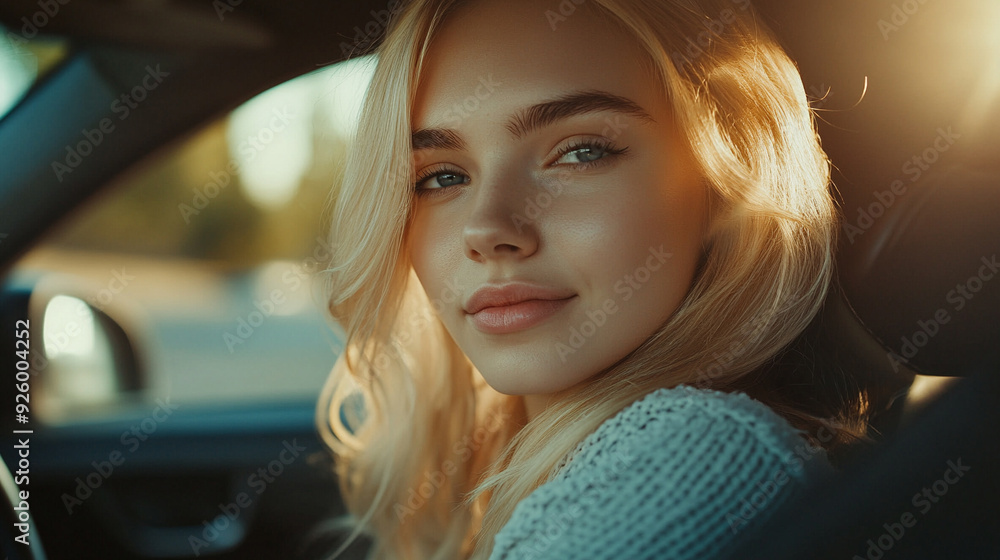 closeup of the beautiful young woman with blond hair driving a car on the road, sitting in the automobile interior, looking at the camera and smiling. vehicle travel and transport, summer trip, image closeup of the beautiful young woman with blond hair driving a car on the road, sitting in the automobile interior, looking at the camera and smiling. vehicle travel and transport, summer trip, image
