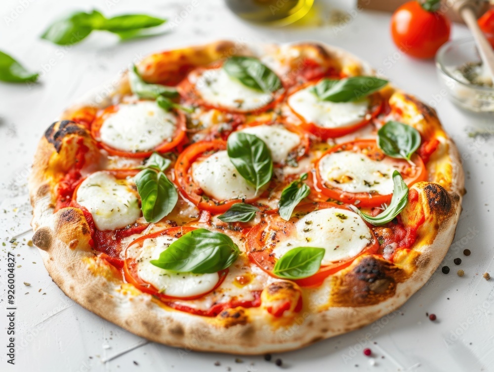 A delicious pizza topped with mozzarella, tomatoes, and fresh basil leaves. A delicious pizza topped with mozzarella, tomatoes, and fresh basil leaves.